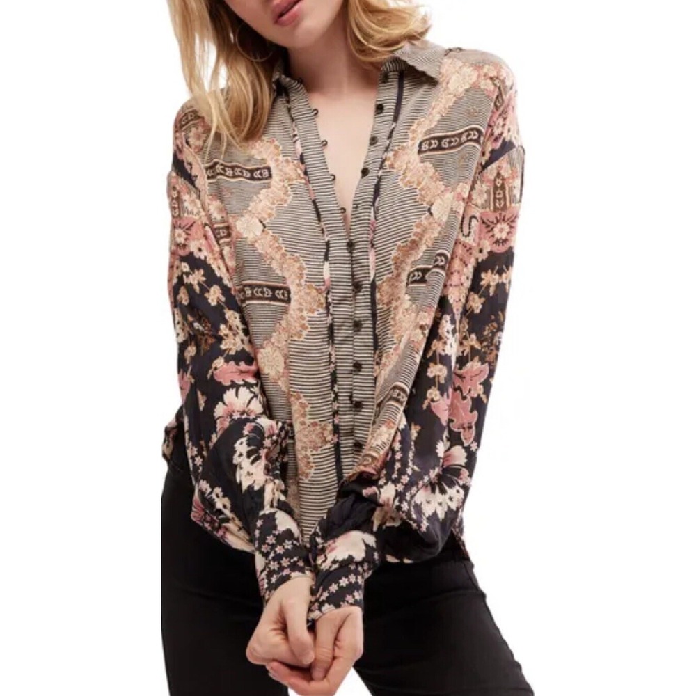 Free People Blouse XS Black Tan Virgo Bay Floral Flowy Oversized Boho